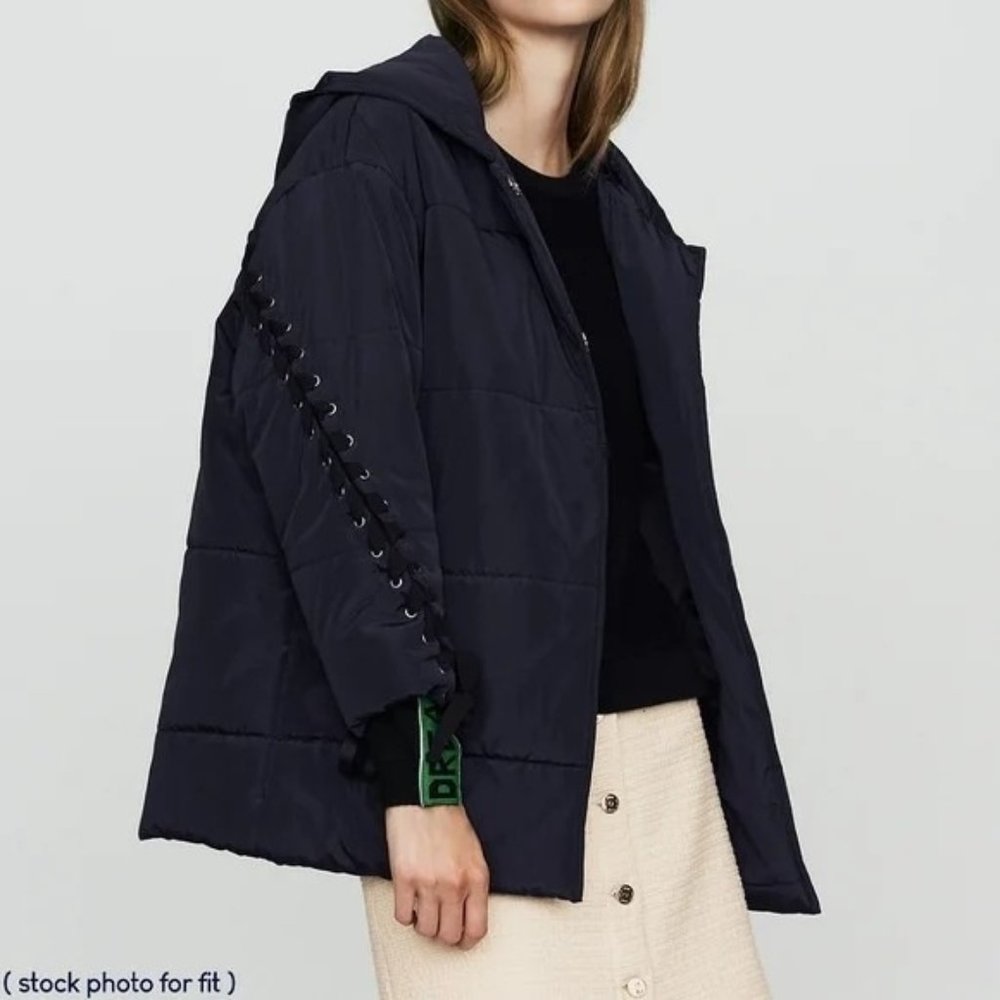 Maje Navy Hooded Puffer Jacket with Lace-Up Sleeve Detail
